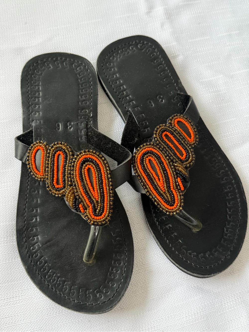 Black Leather Beaded Snake Sandals Orange Size 36